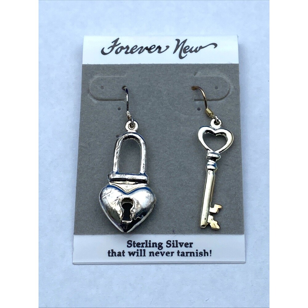 Vintage Forever New Heart Lock Key Earrings NOS Original Card Sterling Silver